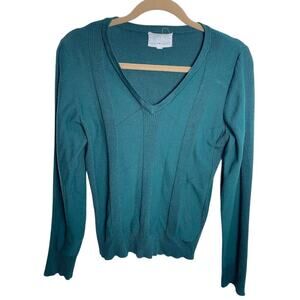Womens V Neck Knit Sweater Emerald Green Long Sleeve Solid Pullover Size Medium